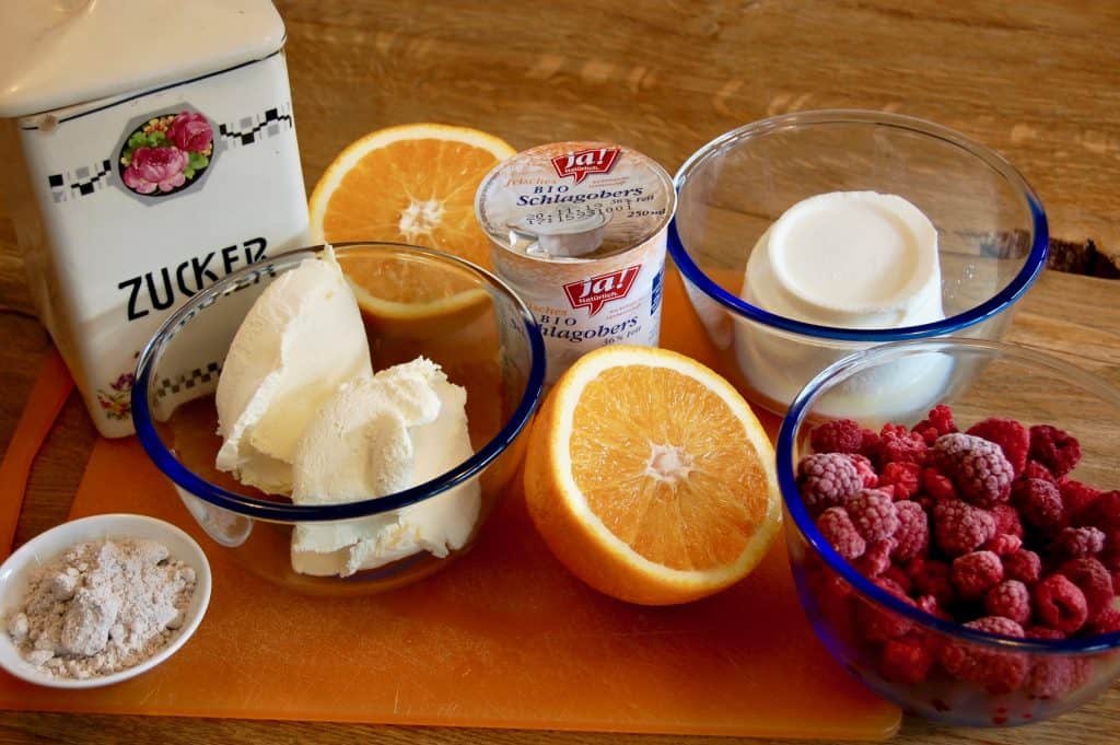 Zutaten für Himbeer-Topfen-Dessert